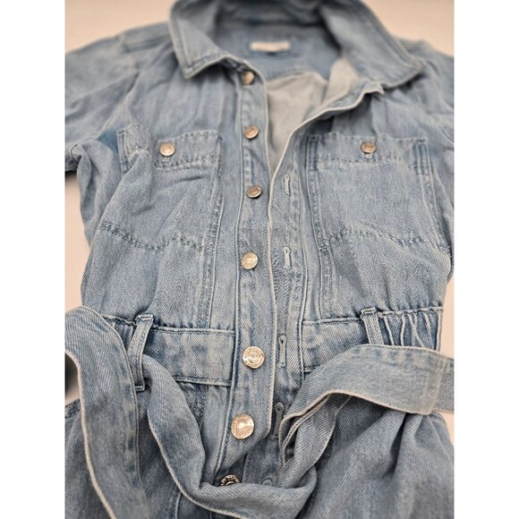 Belted Denim Romper silver buttons/snaps boho cottagecore beach wear nautical - Picture 4 of 7